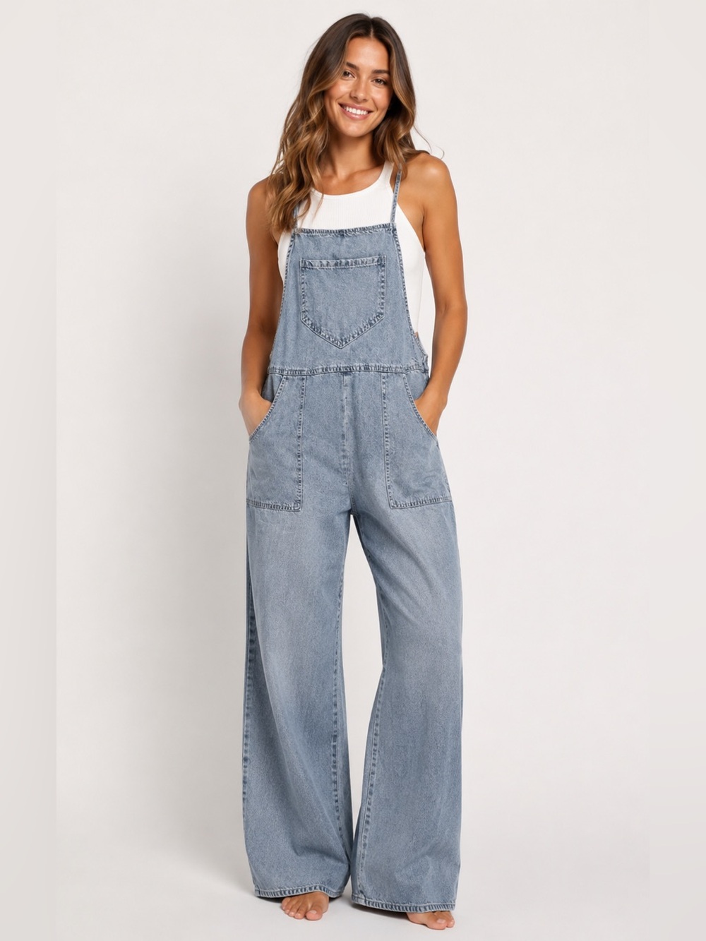 En Creme Light Wash Oversized Overalls